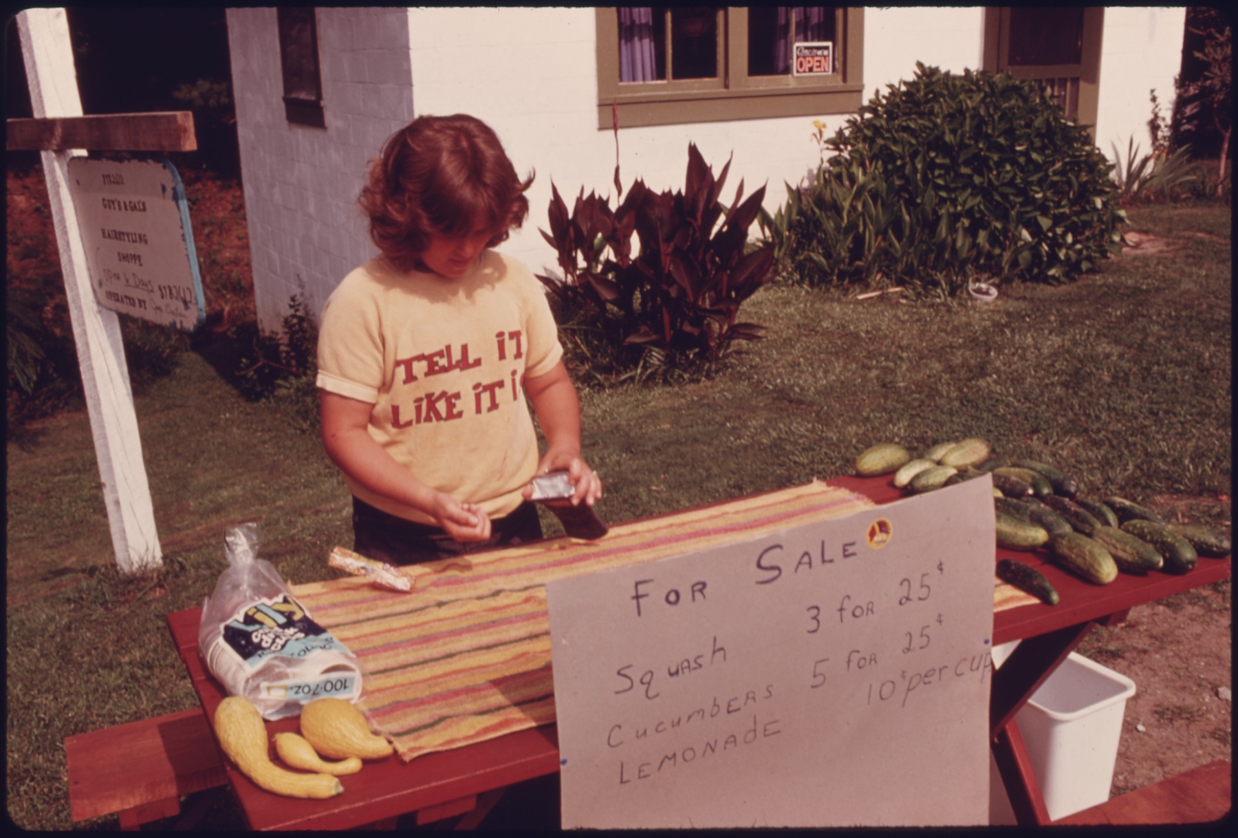 A kid at a roadside stand with a hand-lettered sign selling squash, cucumbers and lemonade, Georgia, 1975